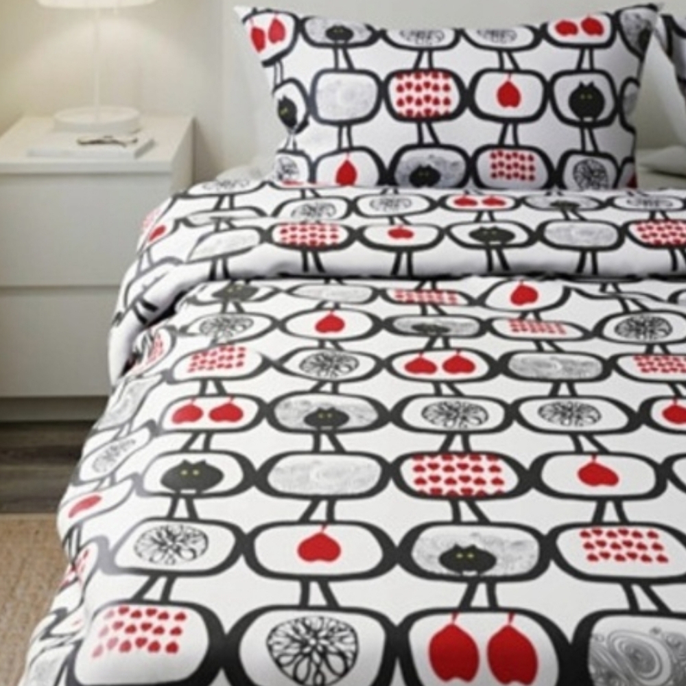 IKEA ÄNGSSKÄRA TWIN Duvet cover  pillowcase Cats Apples/Hearts Red Black White